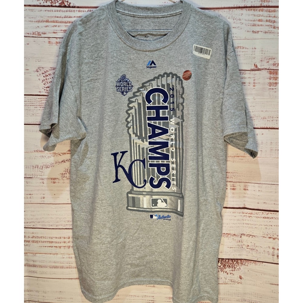 Majestic Kansas City Royals 2015 World Series Champs T-Shirt NEW Mens Large Gray